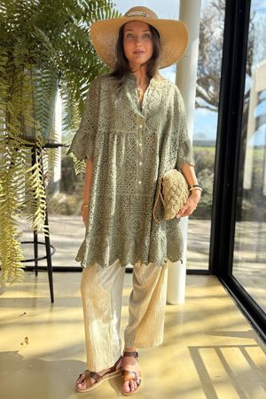 Rustic Nature Pure Cotton Broderie Tunic Washed Moss /48 